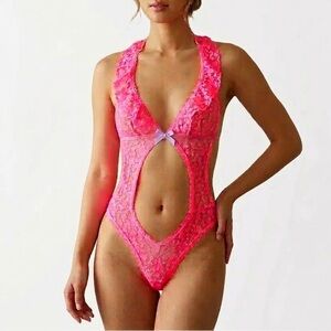 Y2K Victoria Secret Neon Heart Lace Bodysuit